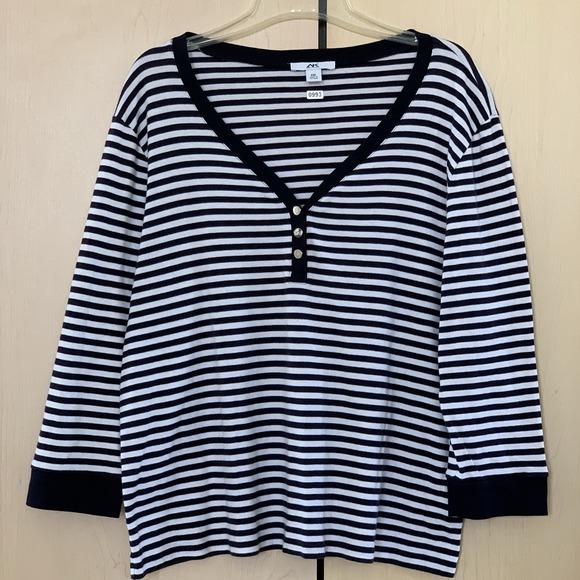 Anne Klein Sport Women's 3/4 Sleeve V Neck Cotton Top Stripe Navy White Size XXL - Picture 1 of 12